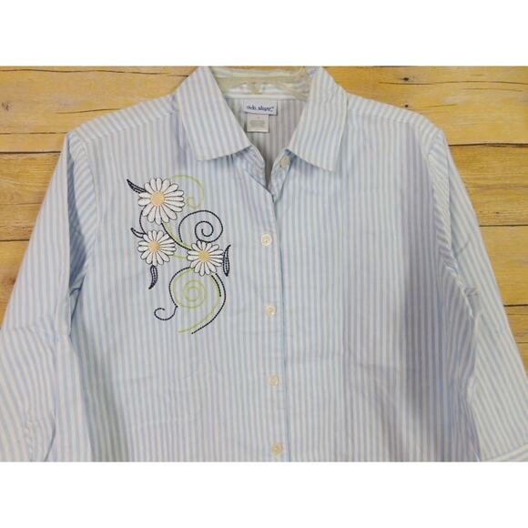 Vicky Wayne Shirt 12 Large Blue White Stripes Embroidered Flowers Long Sleeve - Picture 2 of 7